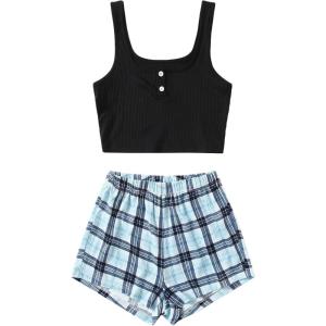 imageVerdusa Womens 2 Piece Outfits Crop Tank Top and Plaid Shorts Cute Loungewear Pajama SetBlack Blue