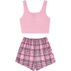 imageVerdusa Womens 2 Piece Outfits Crop Tank Top and Plaid Shorts Cute Loungewear Pajama SetPink Black