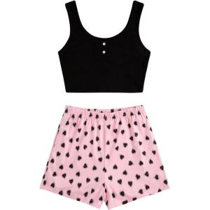 imageVerdusa Womens 2 Piece Outfits Crop Tank Top and Plaid Shorts Cute Loungewear Pajama SetPink Heart
