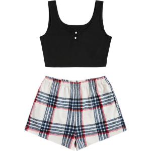imageVerdusa Womens 2 Piece Outfits Crop Tank Top and Plaid Shorts Cute Loungewear Pajama SetPlaid Black White
