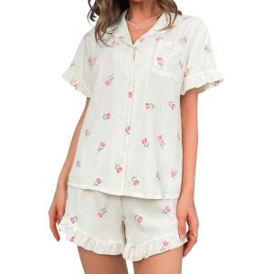 imageVerdusa Womens 2 Piece Pajama Floral Print Ruffle Trim Short Sleeve Top and Shorts PJ SetBeige