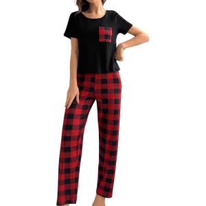 imageVerdusa Womens 2 Piece Pajama Set Letter Print Short Sleeve Tee Top and Plaid Pants Loungewear Pj SetBlack Red