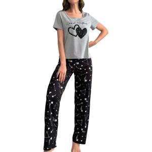 imageVerdusa Womens 2 Piece Pajama Set Letter Print Short Sleeve Tee Top and Plaid Pants Loungewear Pj SetHeart Black