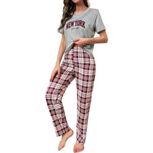 imageVerdusa Womens 2 Piece Pajama Set Letter Print Short Sleeve Tee Top and Plaid Pants Loungewear Pj SetMulticolor