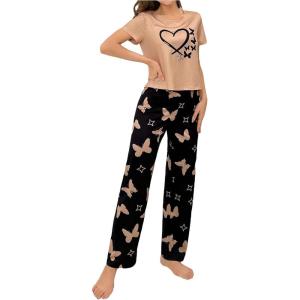 imageVerdusa Womens 2 Piece Pajama Set Letter Print Short Sleeve Tee Top and Plaid Pants Loungewear Pj SetPink Black