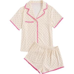 imageVerdusa Womens 2 Piece Pajama Sets Cute Pj Set Button Up Short Sleeve Top and Short Sleepwear Lounge SetsBeige