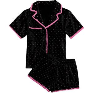 imageVerdusa Womens 2 Piece Pajama Sets Cute Pj Set Button Up Short Sleeve Top and Short Sleepwear Lounge SetsBlack and Pink