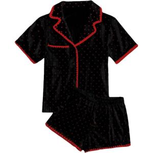 imageVerdusa Womens 2 Piece Pajama Sets Cute Pj Set Button Up Short Sleeve Top and Short Sleepwear Lounge SetsBlack and Red