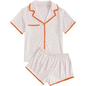 imageVerdusa Womens 2 Piece Pajama Sets Cute Pj Set Button Up Short Sleeve Top and Short Sleepwear Lounge SetsOrange