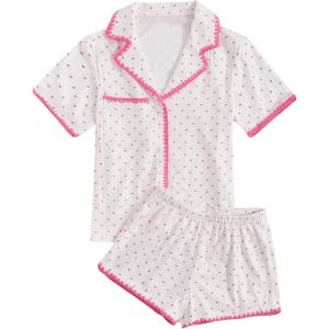 imageVerdusa Womens 2 Piece Pajama Sets Cute Pj Set Button Up Short Sleeve Top and Short Sleepwear Lounge SetsWhite and Pink