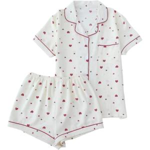 imageVerdusa Womens 2 Piece Pajama Sets Cute Printed Pj Set Button Up Shirts with Shorts Lounge SleepwearBeige Heart