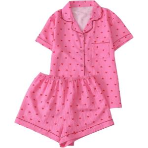 imageVerdusa Womens 2 Piece Pajama Sets Cute Printed Pj Set Button Up Shirts with Shorts Lounge SleepwearCoral Pink