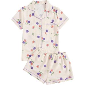 imageVerdusa Womens 2 Piece Pajama Sets Cute Printed Pj Set Button Up Shirts with Shorts Lounge SleepwearFig White
