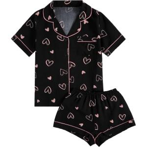 imageVerdusa Womens 2 Piece Pajama Sets Cute Printed Pj Set Button Up Shirts with Shorts Lounge SleepwearHeart Black