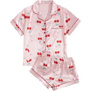 imageVerdusa Womens 2 Piece Pajama Sets Cute Printed Pj Set Button Up Shirts with Shorts Lounge SleepwearLight Pink Cheery