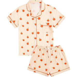 imageVerdusa Womens 2 Piece Pajama Sets Cute Printed Pj Set Button Up Shirts with Shorts Lounge SleepwearOrange Apricot