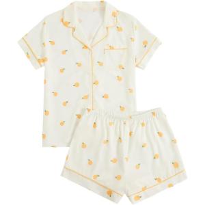 imageVerdusa Womens 2 Piece Pajama Sets Cute Printed Pj Set Button Up Shirts with Shorts Lounge SleepwearOrange Beige