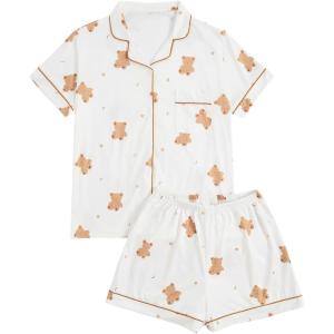 imageVerdusa Womens 2 Piece Pajama Sets Cute Printed Pj Set Button Up Shirts with Shorts Lounge SleepwearWhite