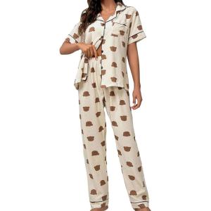 imageVerdusa Womens 2 Piece Pajama Sets Cute Printed Pj Sets Sleepwear Button Up Shirt with Pants Lounge SetBeige