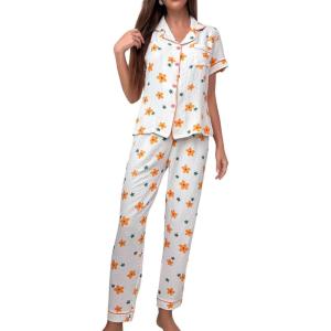 imageVerdusa Womens 2 Piece Pajama Sets Cute Printed Pj Sets Sleepwear Button Up Shirt with Pants Lounge SetBeige Orange