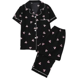 imageVerdusa Womens 2 Piece Pajama Sets Cute Printed Pj Sets Sleepwear Button Up Shirt with Pants Lounge SetBlack