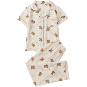 imageVerdusa Womens 2 Piece Pajama Sets Cute Printed Pj Sets Sleepwear Button Up Shirt with Pants Lounge SetBrown Beige