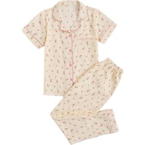 imageVerdusa Womens 2 Piece Pajama Sets Cute Printed Pj Sets Sleepwear Button Up Shirt with Pants Lounge SetFloral Beige