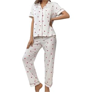 imageVerdusa Womens 2 Piece Pajama Sets Cute Printed Pj Sets Sleepwear Button Up Shirt with Pants Lounge SetHeart White