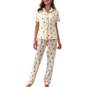 imageVerdusa Womens 2 Piece Pajama Sets Cute Printed Pj Sets Sleepwear Button Up Shirt with Pants Lounge SetOrange Beige