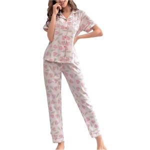 imageVerdusa Womens 2 Piece Pajama Sets Cute Printed Pj Sets Sleepwear Button Up Shirt with Pants Lounge SetPink White