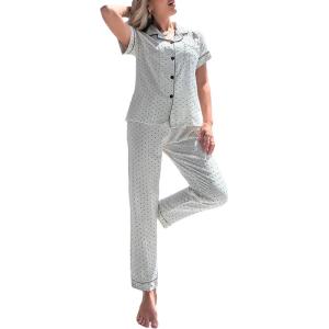 imageVerdusa Womens 2 Piece Pajama Sets Cute Printed Pj Sets Sleepwear Button Up Shirt with Pants Lounge SetWhite Polka Dots