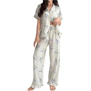 imageVerdusa Womens 2 Piece Pajama Sets Floral Print Pj Set Button Up Short Sleeve Tops and Two Piece Pants SetsBlue Beige