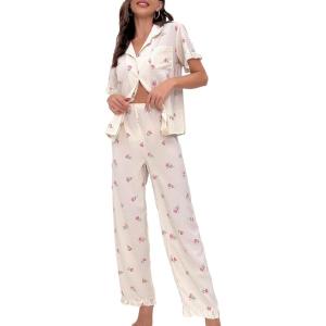 imageVerdusa Womens 2 Piece Pajama Sets Floral Print Pj Set Button Up Short Sleeve Tops and Two Piece Pants SetsFloral Beige