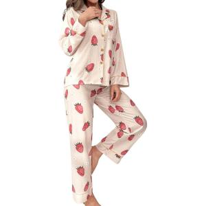 imageVerdusa Womens 2 Piece Pj Sets Matching Sets Printed Pajama Sets Sleepwear Long Sleeve Tops and PantsApricot Strawberry