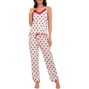 imageVerdusa Womens 2 Piece Polka Dots Lace Cami Top and Pants Sleepwear Pajama SetBeige and Red