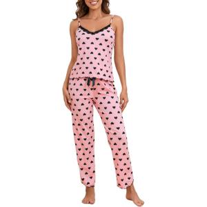 imageVerdusa Womens 2 Piece Polka Dots Lace Cami Top and Pants Sleepwear Pajama SetPink