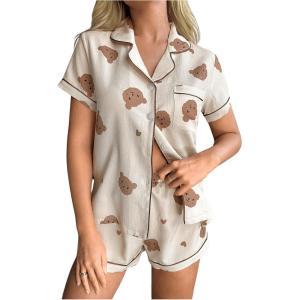 imageVerdusa Womens 2 Piece Printed Lounge PJ Sets Sleepwear Button Up Shirt with ShortsBear Apricot