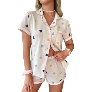 imageVerdusa Womens 2 Piece Printed Lounge PJ Sets Sleepwear Button Up Shirt with ShortsHeart Beige