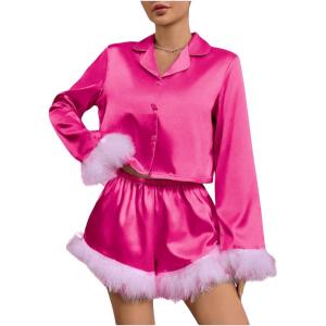 imageVerdusa Womens 2 Piece Satin Fuzzy Pajama Sets Button Up Long Sleeve Shirt with ShortsHot Pink
