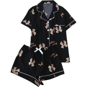 imageVerdusa Womens 2 Piece Sleepwear Button Down Pajama Sets Short Sleeve Shirt and ShortsBlack Bow