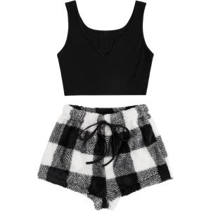 imageVerdusa Womens 2 Pieces Fuzzy Pajama Set Knit Crop Tank Top ampamp Teddy Plaid Shorts LoungewearBlack Plaid
