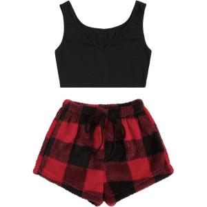 imageVerdusa Womens 2 Pieces Fuzzy Pajama Set Knit Crop Tank Top ampamp Teddy Plaid Shorts LoungewearBlack Red Plaid