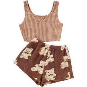 imageVerdusa Womens 2 Pieces Fuzzy Pajama Set Knit Crop Tank Top ampamp Teddy Plaid Shorts LoungewearKhaki and Brown