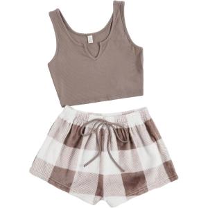 imageVerdusa Womens 2 Pieces Fuzzy Pajama Set Knit Crop Tank Top ampamp Teddy Plaid Shorts LoungewearMocha Brown