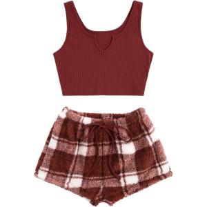imageVerdusa Womens 2 Pieces Fuzzy Pajama Set Knit Crop Tank Top ampamp Teddy Plaid Shorts LoungewearRed Plaid