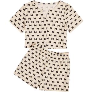 imageVerdusa Womens 2Piece Button Down Short Sleeve Ditsy Floral Button Front Sleepwear Loungewear PJ SetBlack Beige