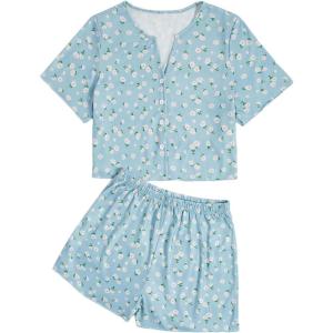 imageVerdusa Womens 2Piece Button Down Short Sleeve Ditsy Floral Button Front Sleepwear Loungewear PJ SetBlue