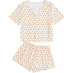 imageVerdusa Womens 2Piece Button Down Short Sleeve Ditsy Floral Button Front Sleepwear Loungewear PJ SetOrange