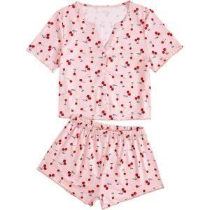 imageVerdusa Womens 2Piece Button Down Short Sleeve Ditsy Floral Button Front Sleepwear Loungewear PJ SetPink Red
