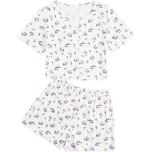 imageVerdusa Womens 2Piece Button Down Short Sleeve Ditsy Floral Button Front Sleepwear Loungewear PJ SetPurple